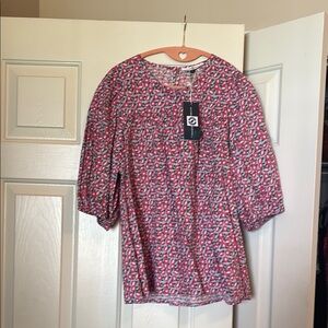 Red and Pink Puff Sleeve Blouse with 3/4 Sleeves